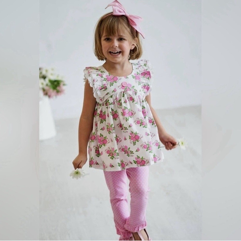 Eleanor‎ Rose Girls Valentines Lacey Floral Top Prism Pink Dot Pants Set Sz 5